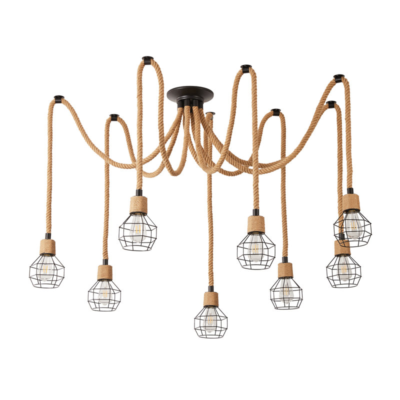 Vintage Hemp Rope Pendant Light Fixture, 8 Lights