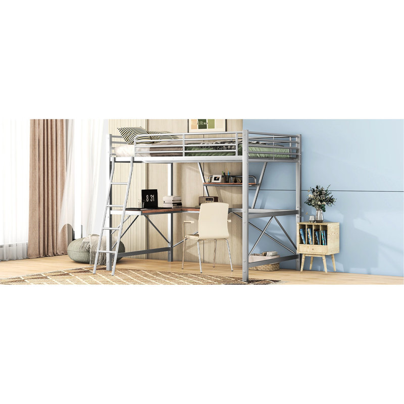 Lit mezzanine argenté pleine grandeur et lit avec tablette de bureau - Robuste et stable, sécuritaire, sans sommier
