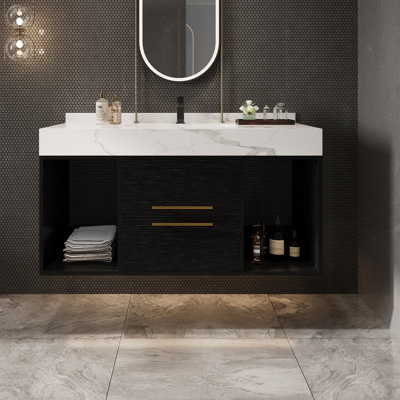 Meuble-lavabo flottant de 39,4 po de largeur avec lavabo en céramique, meuble-lavabo mural moderne avec 2 tiroirs à fermeture en douceur, 2 espaces de rangement et plateau en ardoise blanche