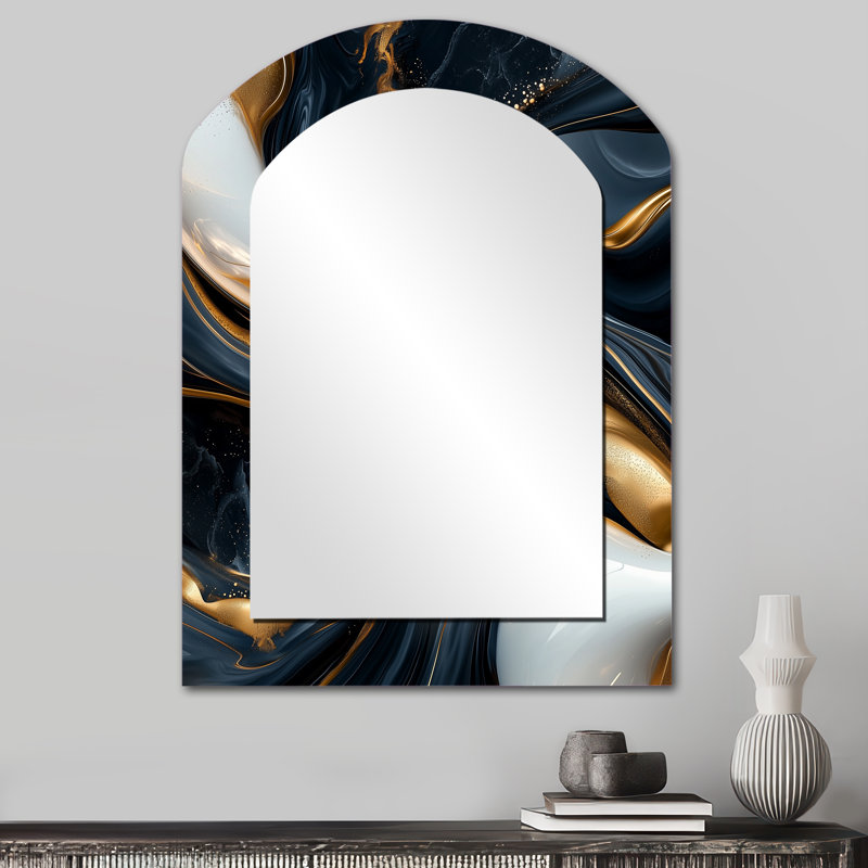 Marbre captivant doré et noir Ladores II - miroir asymétrique à vagues, miroir mural noir unique, impression sur métal