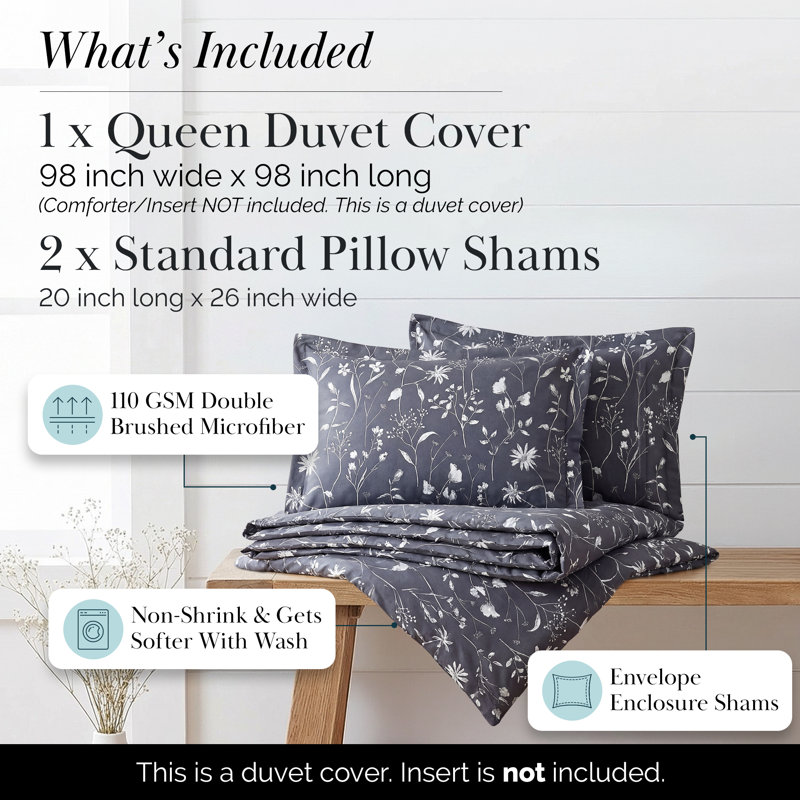 Secret Meadow Microfiber Reversible Duvet Cover Set, Dark Blue Floral 1, Queen Duvet Cover + 2 Standard Shams