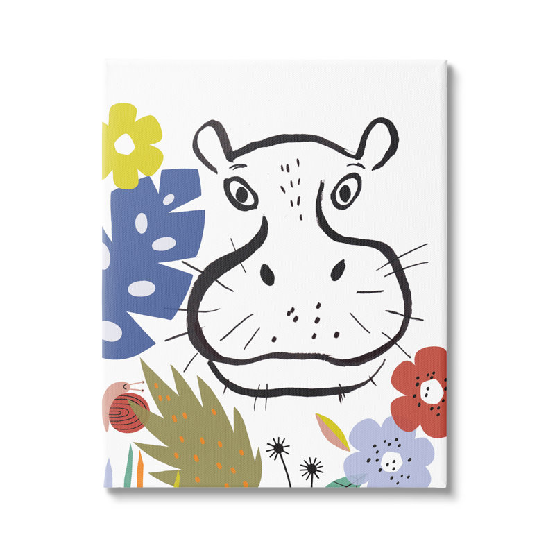 «Hippopotamus Botanical Jungle», dessin de safari, art mural surdimensionné par Abi Hall, Toile tendue, H 16 po x l 20 po