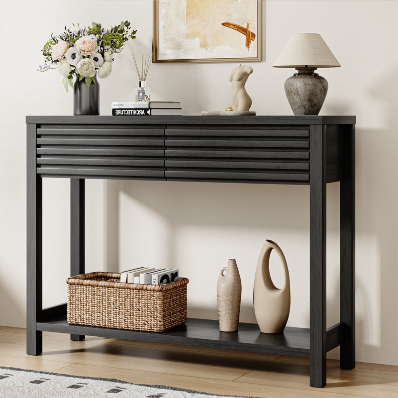 40" Fluted Console Table with 2 Drawers, Modern Wood 2 Tier Entryway Table with Storage Shelf, Black