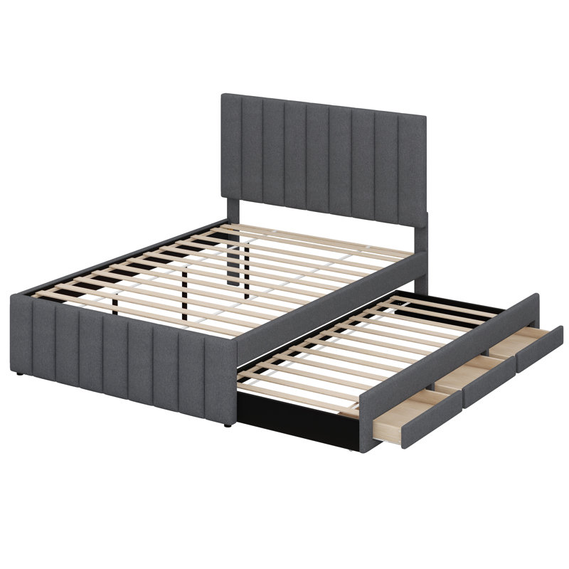 Lit plateforme tapissier avec lit gigogne et 3 tiroirs, Gris