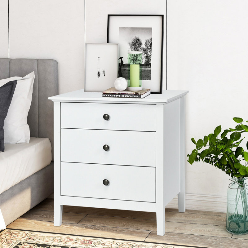 Abdülsamet Modern Wooden Nightstand with 3 Drawers, White