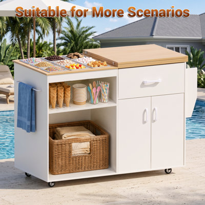 Îlot de cuisine mobile sur roulettes avec plateau en bois extensible et rangements
