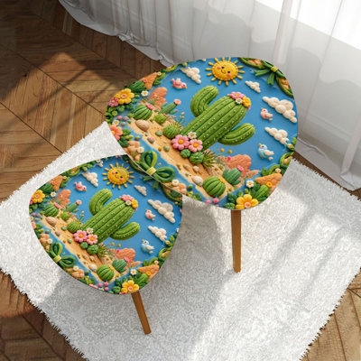Triangle Nesting Coffee Table Set of 2 Whimsical Cactus Scene Colorful Flowers Cute Birds End Table Modern Minimalist Side Table Set for Living Room Bedroom