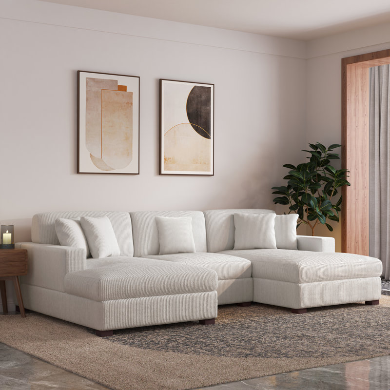 Canapé modulaire rembourré en velours côtelé beige 3 pièces Milbrey avec dossier coussiné et pieds en bois massif Milbrey