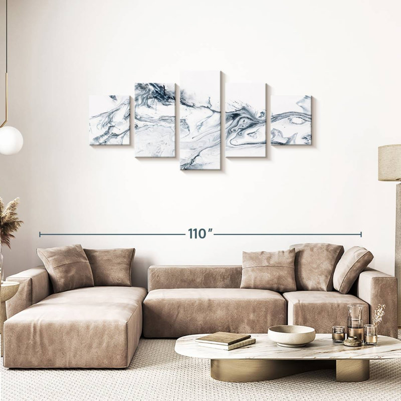 Gris et blanc abstrait 5 pièces, H 74 po x l 34 po x P 1,25 po