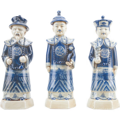 Blue and White Porcelain Mandarin Figurines Set of Three