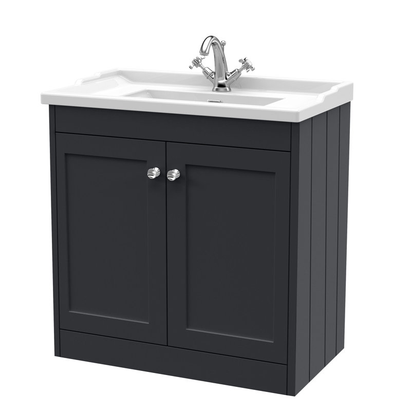 Old London Ashwick Pebble Grey 800mm Floorstanding 2-Door Unit With Basin 1 Tap Hole, Soft Black