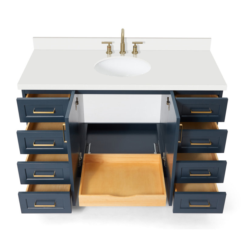 61 IN.  Single Bathroom Vanity, Oval, White Quartz, Midnight Blue
