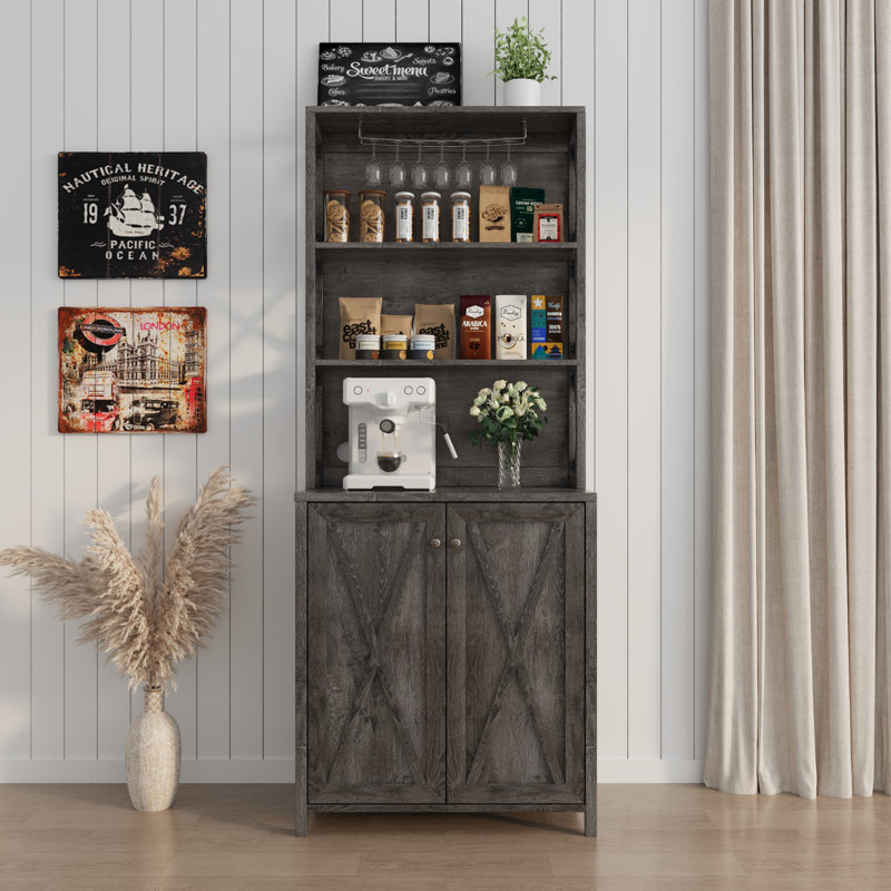 67" Tall Farmhouse  Bar Cabinet,  with Wine Rack, X Cross-Brace Doors for Coffee Station & Kitchen Storage
