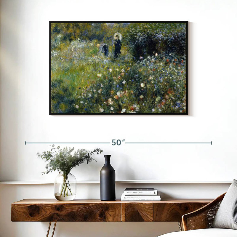 Femme avec un parasol dans un jardin, 37 po x 25 po, Cadre flottant noir