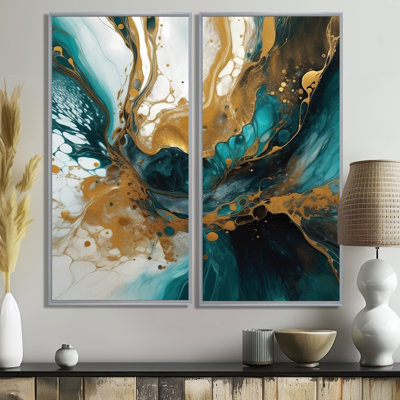 Turquoise et or sculptant l'espace - art mural moderne jaune 2 pièces