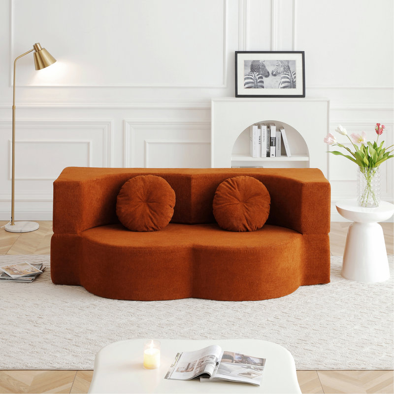 Canapé-lit de style contemporain, canapé-lit pliant 2 en 1 avec oreiller, canapé-lit pour espaces de vie, Lin orange, Orange