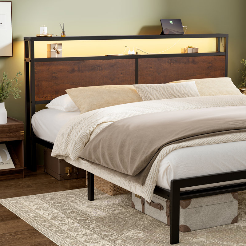 Antioch Bed Frame with LED Light and Charging Station, Metal Frame with Storage Headboard, Large Storage Space, No Spring Box Needed