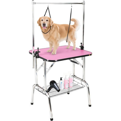Foldable Stainless Steel Pet Grooming Table with Arms, Nooses & Mesh Tray, Adjustable Waterproof Professional Grooming Station for Pets