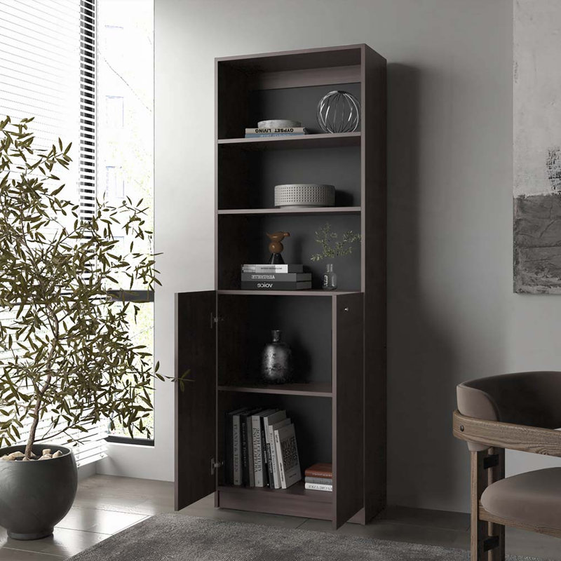 Bibliothèque à 5 tablettes avec rangement ouvert et 2 portes, Noyer