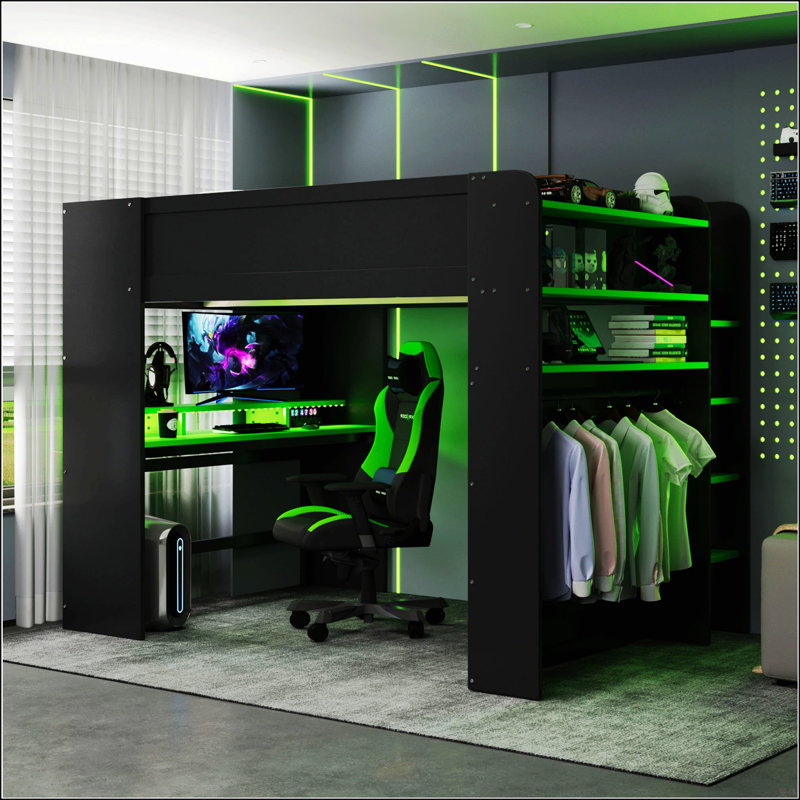 Lit double superposé en bois pleine grandeur avec bureau à hauteur réglable, garde-robe et amplement d'espace de rangement, pour la vie compacte et les études