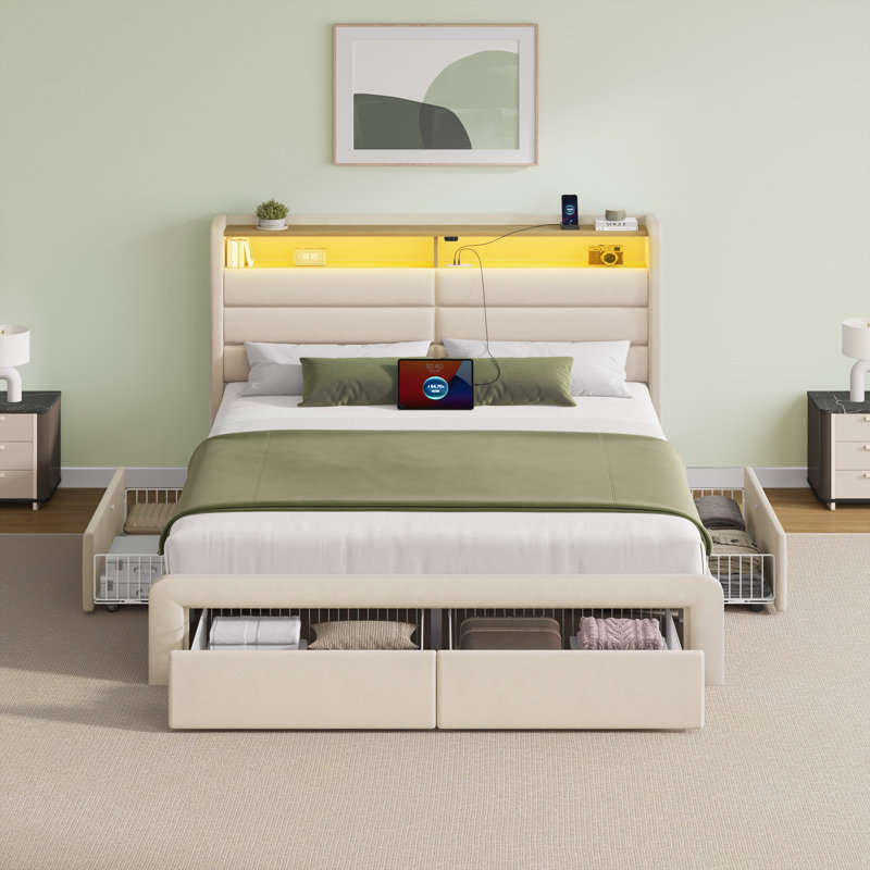 Upholstered Bed Frame with Storage Drawers & LED Lights