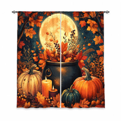 2 pièces de rideaux Cauldon d'Halloween, filtrage de la lumière, impression de scène de récolte d'automne, ambiance de sorcière, décor d'automne douillet, passe-tringle, salon, chambre à coucher, décoration de la maison