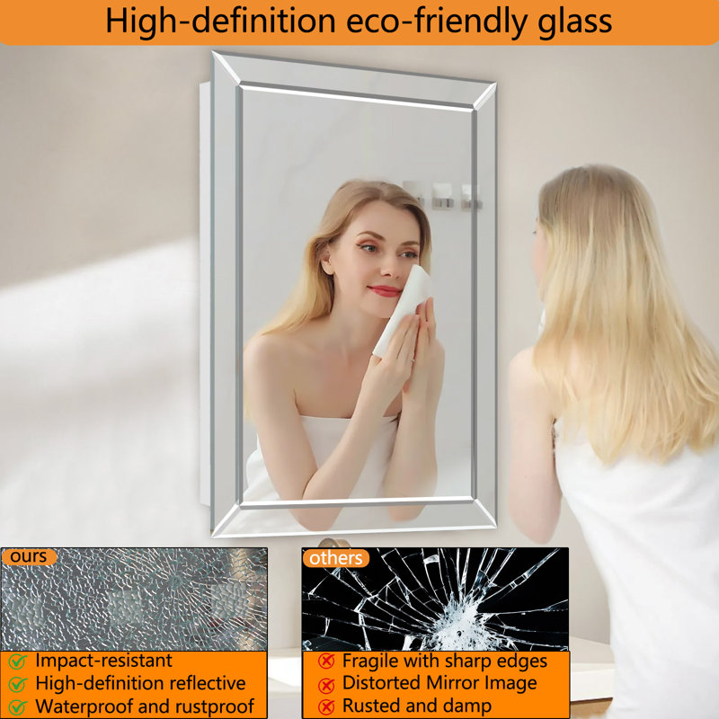 24''x36'' Frameless Bathroom Medicine Cabinet with Beveled Edge Mirror,Surface/Recessed Mount, White, 36"H x 24"W