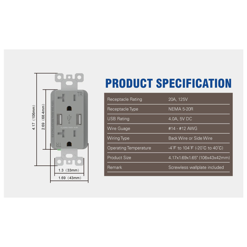Prise USB, inviolable, plaque murale incluse, Gris