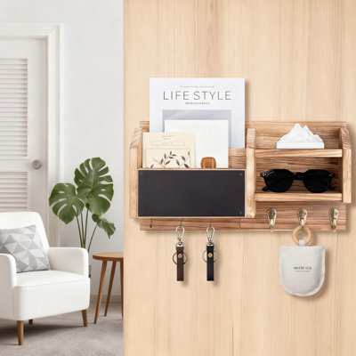 Wall Mount Key Holder With Mail Organizer And 7 Metal Hooks, Natural Paulownia Wood Entryway Storage Shelf With Blackboard For Home And Office