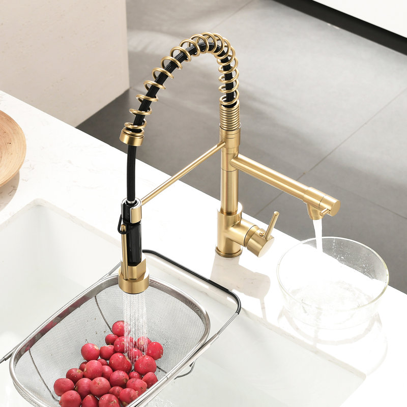 Luxury Gold Kitchen Faucet With Pull Down - Adjustable Water & Temperature, Single Handle, Brass Construction Merry 360 Swiveling Attachment, Lever, Longevity