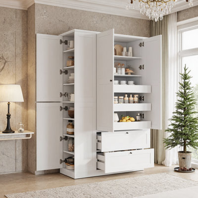 Kitchen Pantry Cabinet With 7 Shelves, 2 Drawers & 3 Pull-Out Trays, 6 Doors & Side Storage