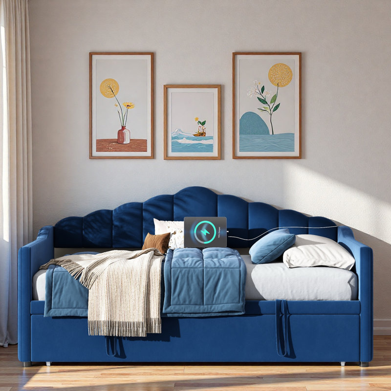 Upholstered Daybed With Adjustable Height Pop Up Trundle, Charging Port And 2 Side Pockets