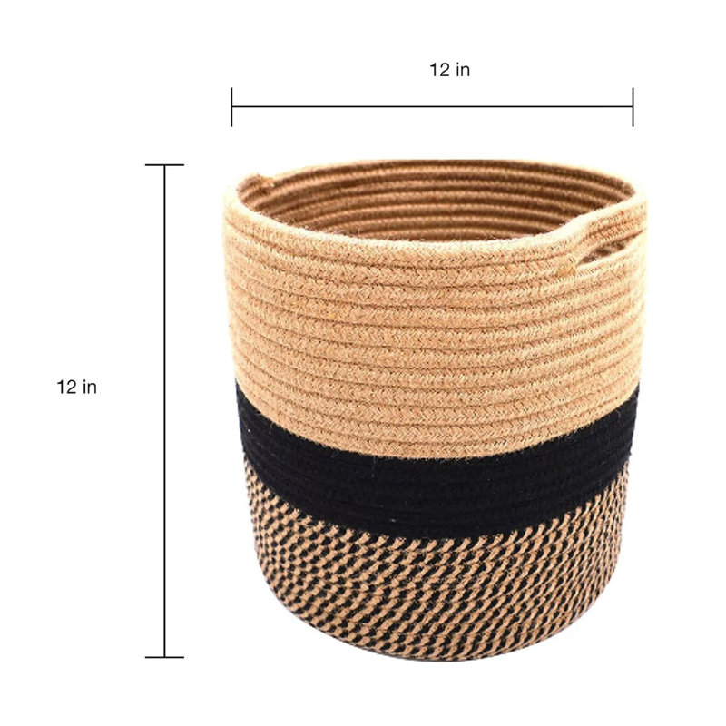 Modern Rustic Black And Beige 12" X 12" Eco Friendly Woven Rope Basket