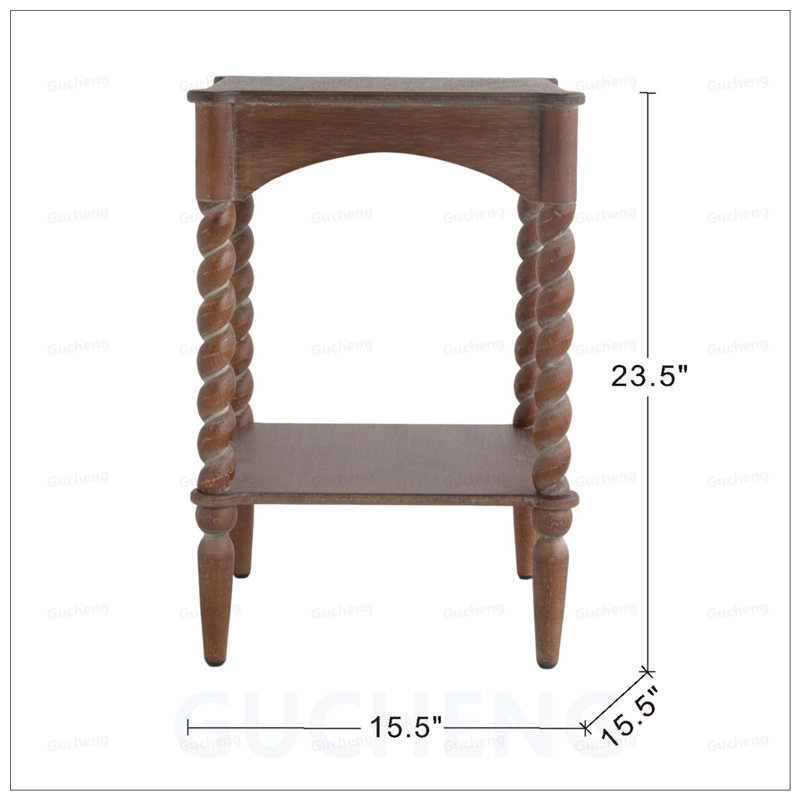 Table d'appoint en bois brun vieilli avec pieds en spirale tournés et tablette inférieure, parfaite pour un décor rustique et traditionnel