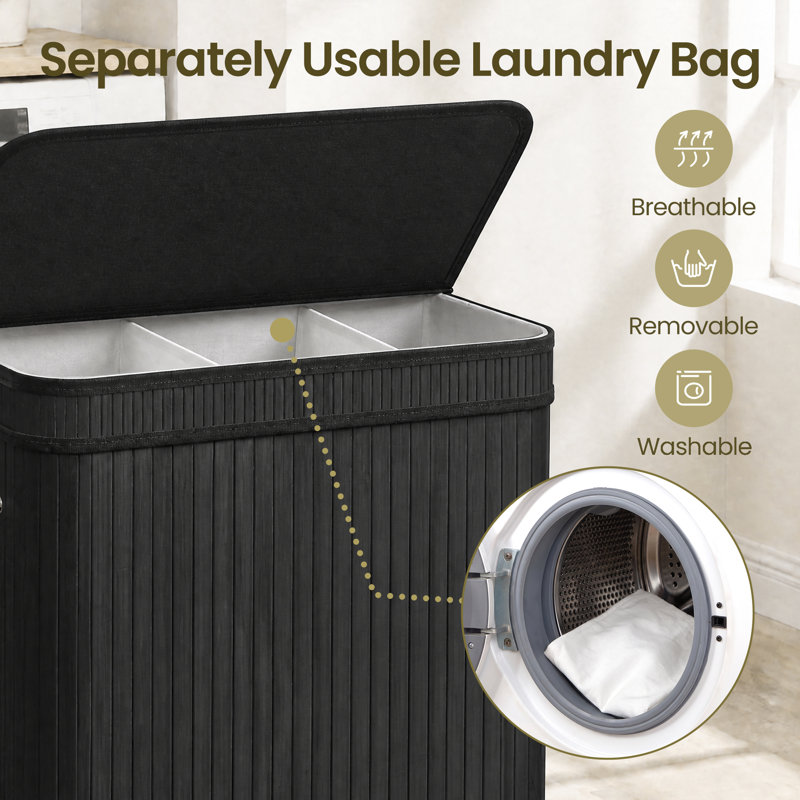 Bamboo Laundry Basket, 24.4" H x 25" W x 16.7" D, Black