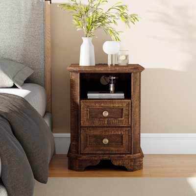 Table de chevet moderne à 2 tiroirs en bois avec station de charge, table de chevet avec rangement ouvert pour chambre à coucher et prises encastrées