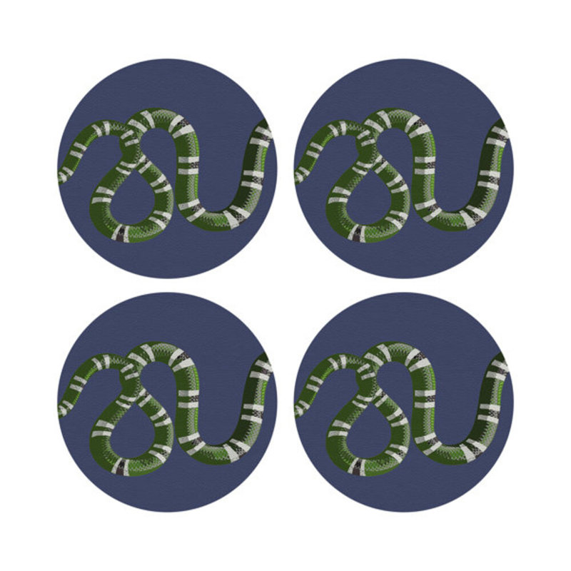 Serpent Blue Vegan Leather Round Coasters, Blue