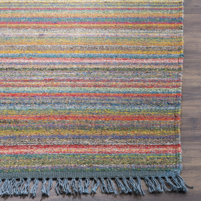 Tapis rayé bleu / orange en viscose / coton tissé à la main Margolis, Rectangle 5 pi x 8 pi