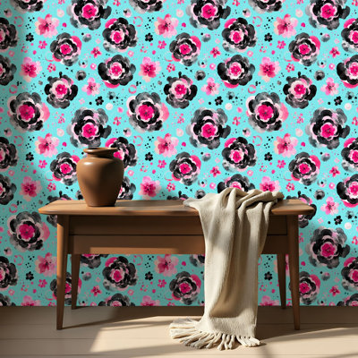 Papier peint auto-adhésif à motif de taches abstraites roses et noires à taches florales Turquoise sans soudure auto-adhésif et amovible 17,7 po x 118 po (45 x 300 cm)