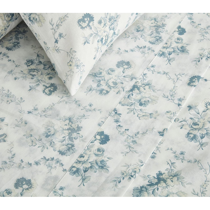 Gigi Elegant Floral Printed Cotton Bed Sheet Set, Full Sheet Set with 2 Standard Pillowcases
