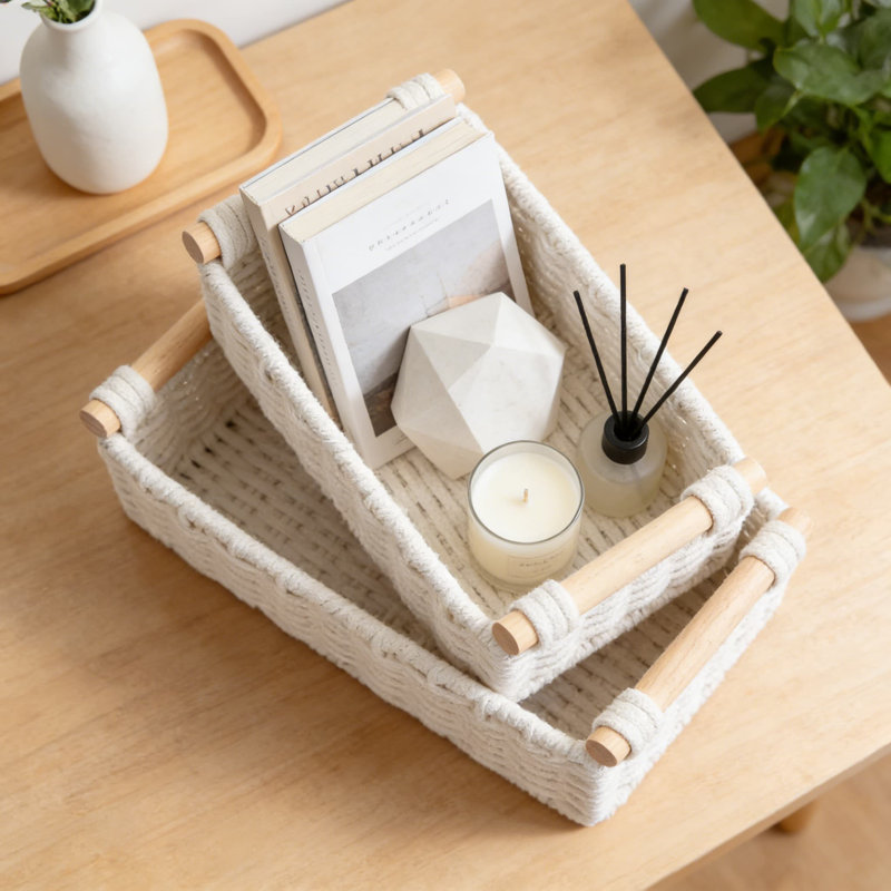 Ensemble de paniers de rangement en corde de coton avec poignées en bois Boho, Blanc