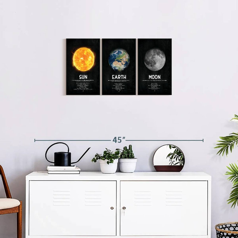 «Sun Earth Moon Facts», ensemble de 3 reproductions sur toiles, H 15 po x l 32 po x P 1,25 po