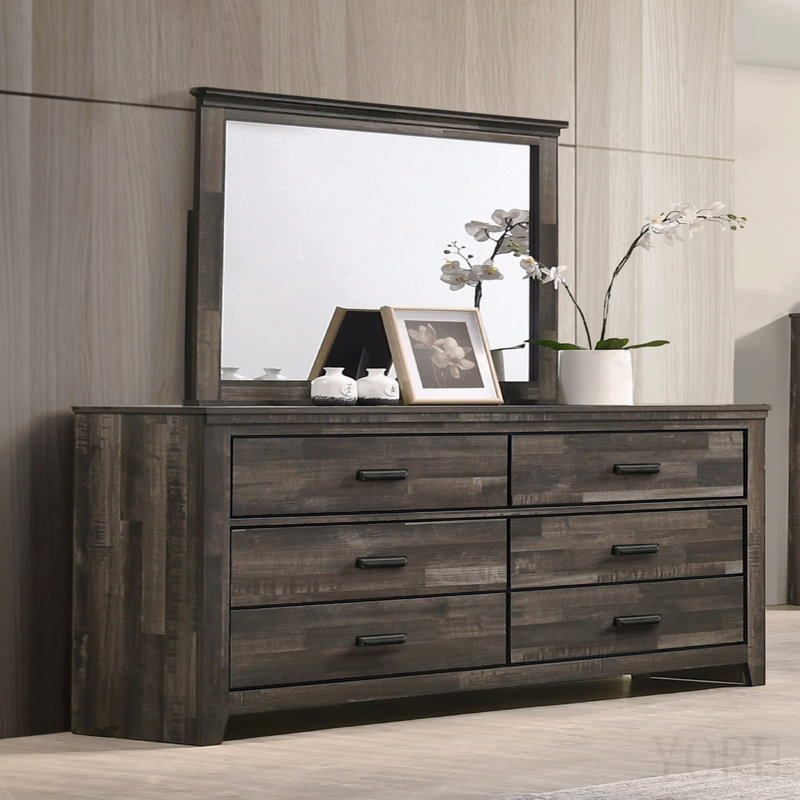 Mobilier de chambre à coucher 1 tiroir rustique contemporain à finition brune avec six tiroirs de rangement