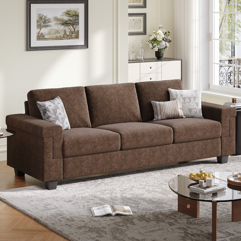 Canapé en polyester à accoudoirs carrés Dereon, H 32,7 po x l 90 po x P 35 po, Brun