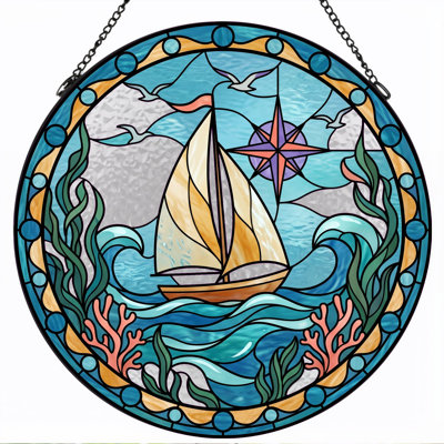 Sailboat Seascape Stained Glass Window Panel，7.8H