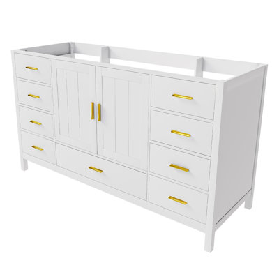 Meuble-lavabo de salle de bain de 60 pouces avec 2 portes doubles à fermeture douce, 1 grand tiroir, 6 petits tiroirs et 2 petits compartiments de rangement rabattables (blanc)
