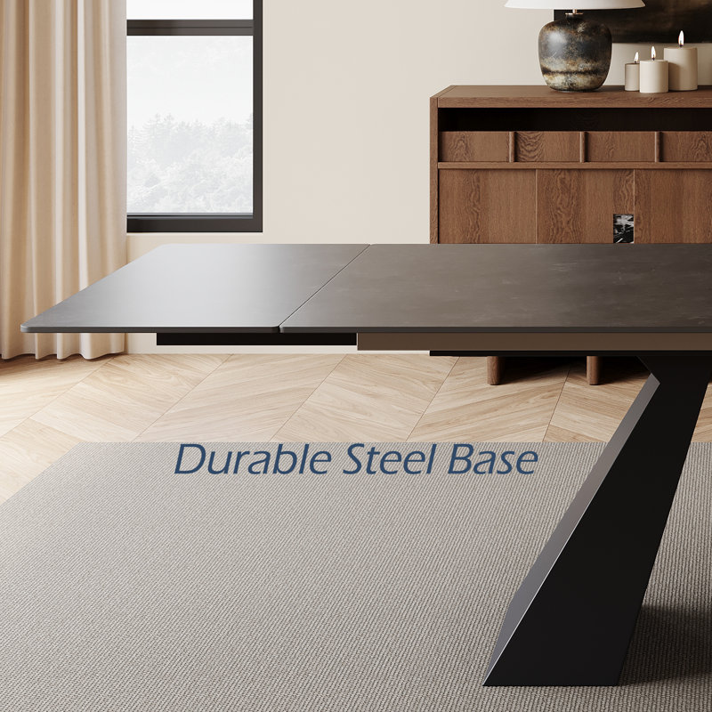63" to 95" Extendable Sintered Stone Dining Table for 4-10, Matte Sintered Stone Table top, Black Steel Legs, Black