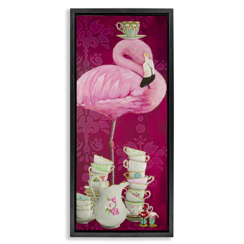 Cadre flottant Flamingo avec tasses à thé antiques, design par Heather Gauthier, H 25 po x l 11 po