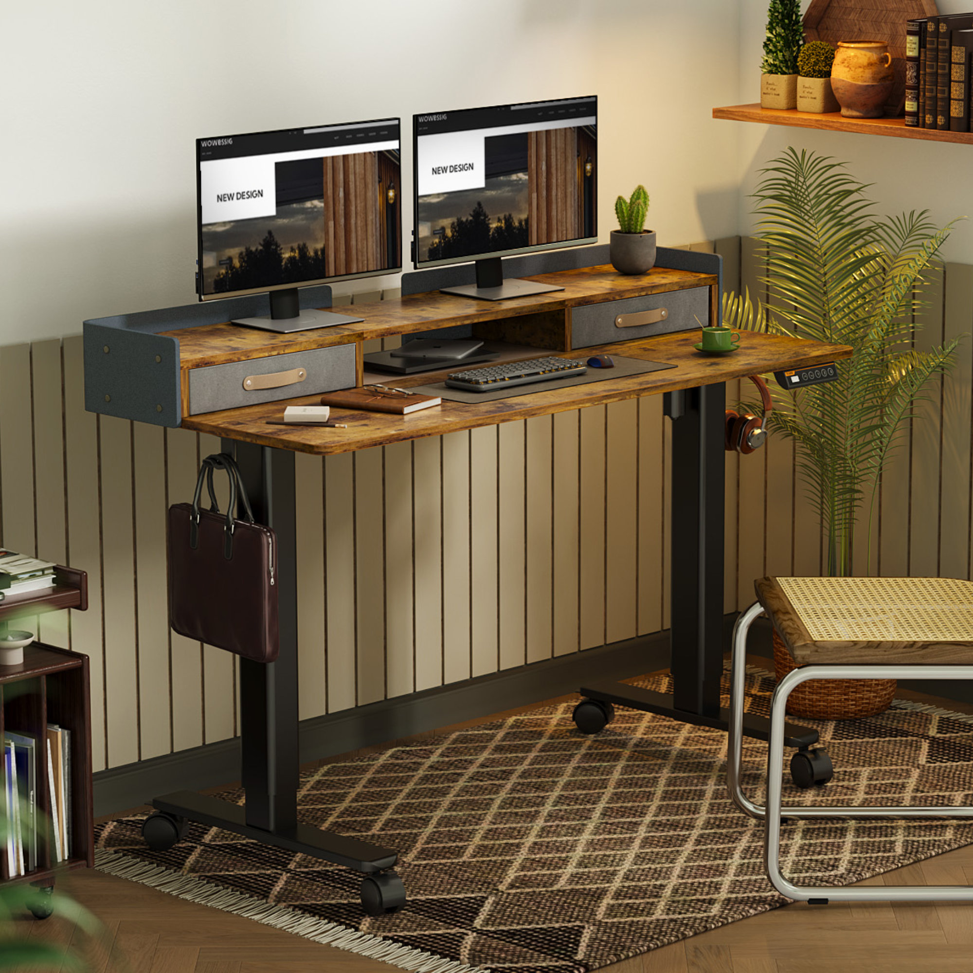 Ebern Designs Tarzan Height Adjustable Standing Desk with Drawers and Hooks & Reviews | Wayfair