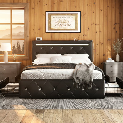 Black Full Size Bed Frame With 4 Storage Drawers, Led , Adjustable Headboard, And Charging Station - A Practical Functional Bedroom For Contemporary Bedrooms Stylish Furniture Modern Living